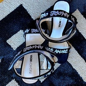 Black and white heel sandals